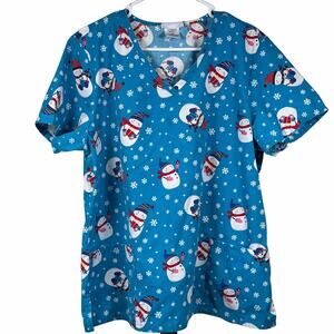 SB Scrubs Scrub Top Women's Large Blue Snowman Snowflake Christmas Medical Vet
